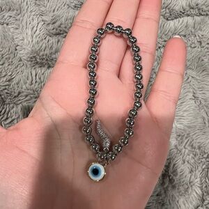 Silver Beaded Bracelet with Evil Eye Charm